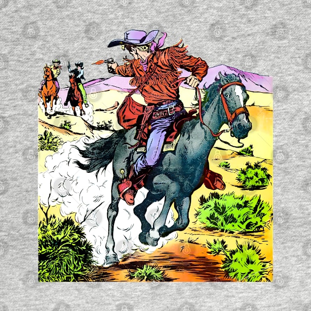 Cody Of The Pony Express 1955 chase and shooting of cowboys on horseback running at maximum speed through the desert wild west cowboy shootout retro vintage comic by REVISTANGO